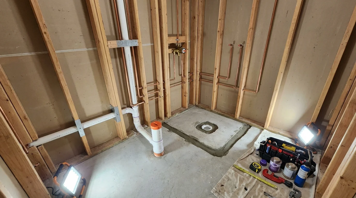 Bathroom rough-in plumbing during remodel by Johns Plumbing LLC in Koloa