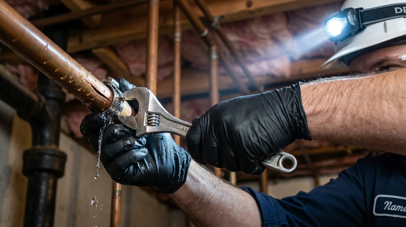 Emergency pipe clamp repair being performed by a Johns Plumbing LLC plumber in Koloa