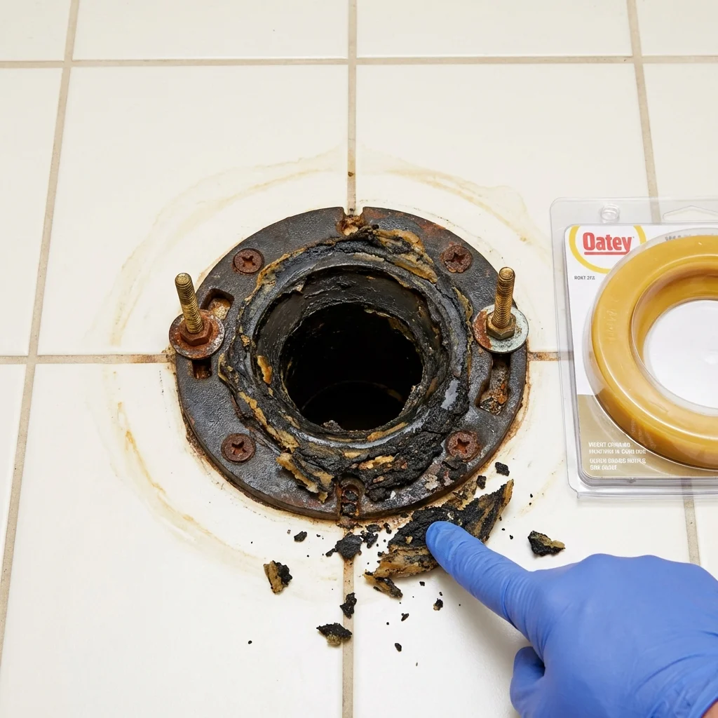Failed wax ring showing water seepage at the base of a toilet in a Koloa, HI home